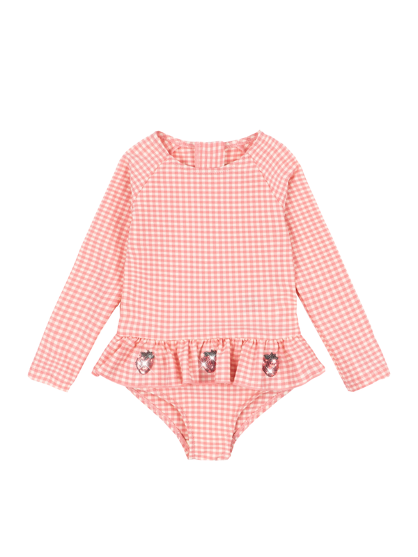Pink Strawberry Gingham Etta Long Sleeve Swimsuit Swim Konges Sløjd Pink 6M
