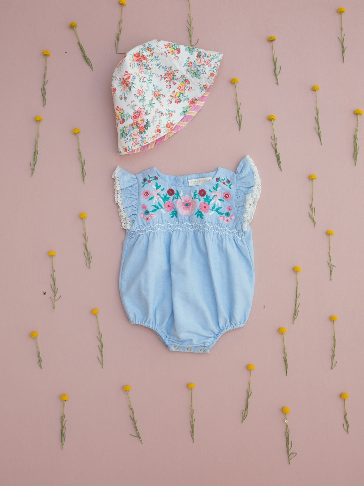 Nusha Embroidered Chambray Romper Rompers Louise Misha