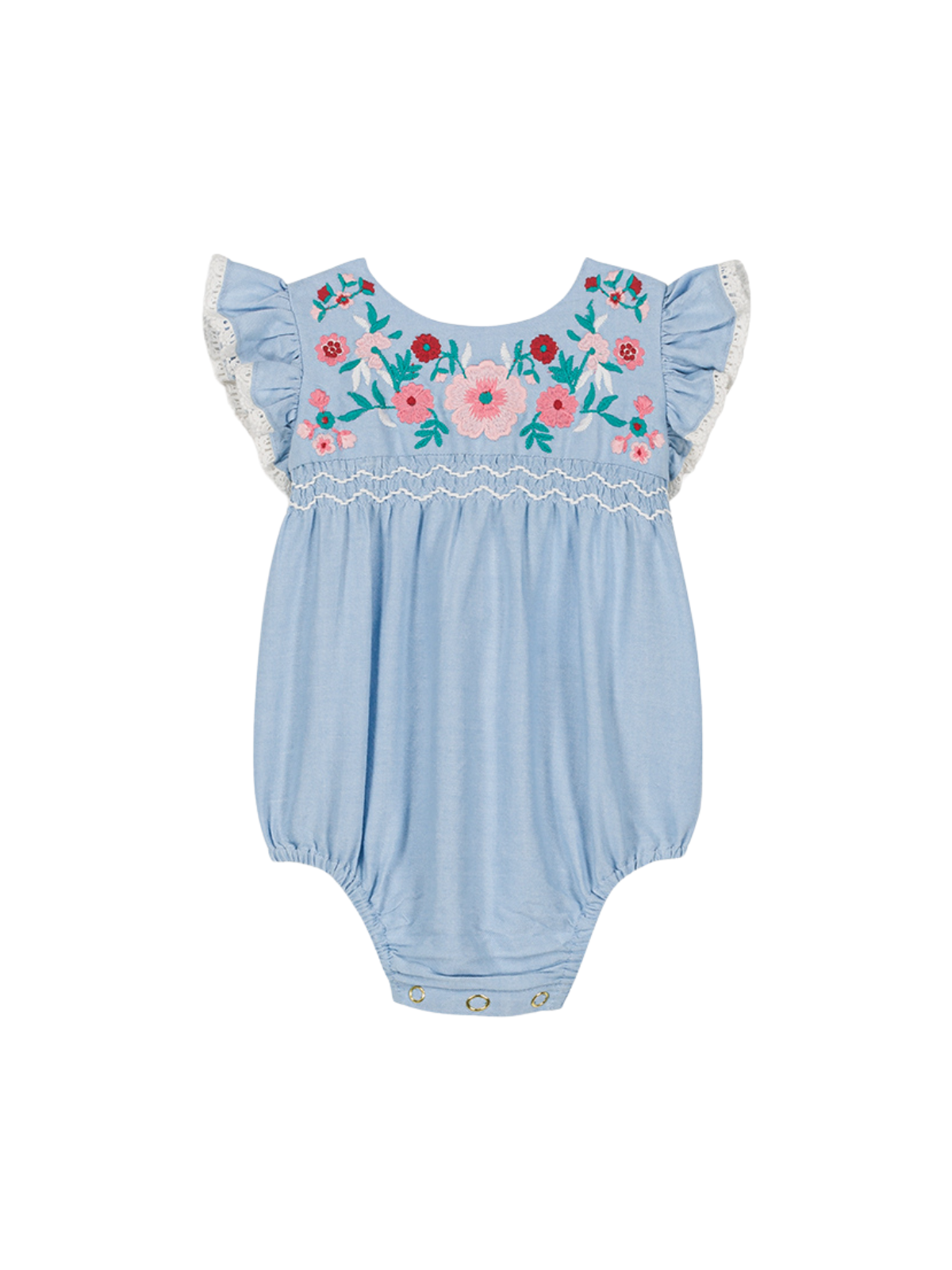 Nusha Embroidered Chambray Romper Rompers Louise Misha Chambray 6M