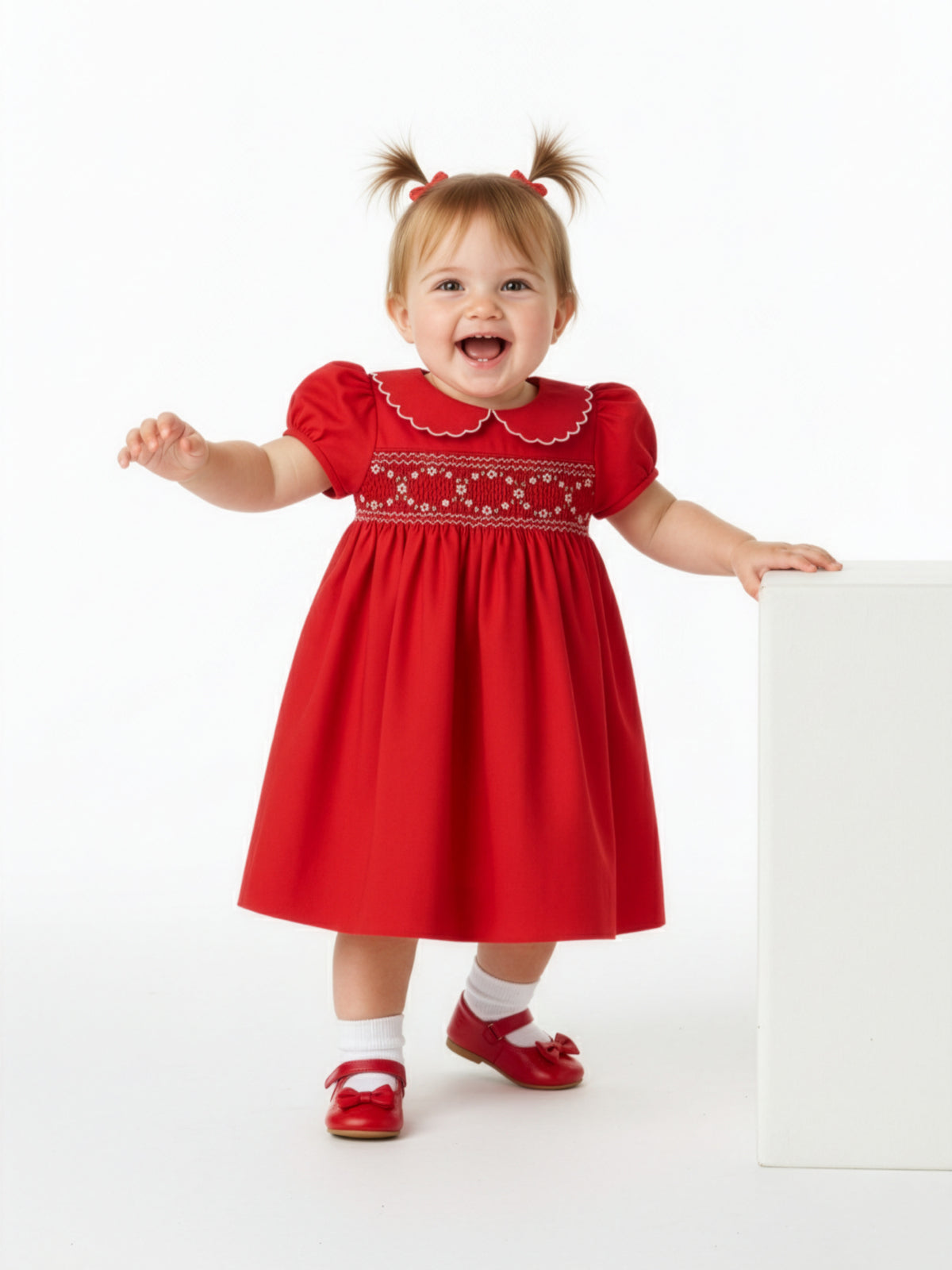 Luli & Me Girl's Classic Smocked Floral Embroidery Dress, Size 2T-6, Red, 4T Toddler Girls Apparel Dresses