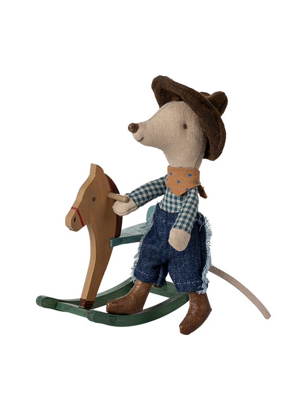 Cowboy Mouse on Rocking Horse, Little Brother Pretend Play Maileg