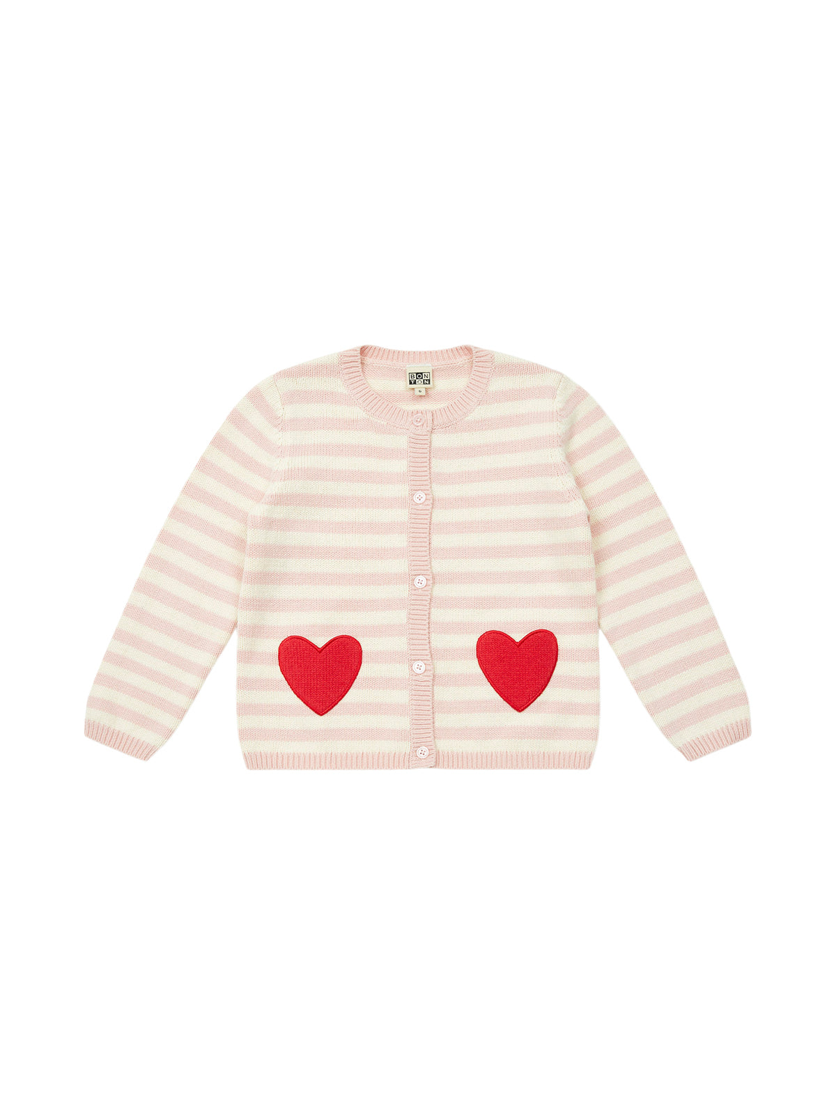 pink striped sweater with heart pockets