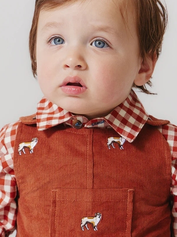 Dog Embroidered Cord Romper and Shirt Set Sets Pink Chicken   