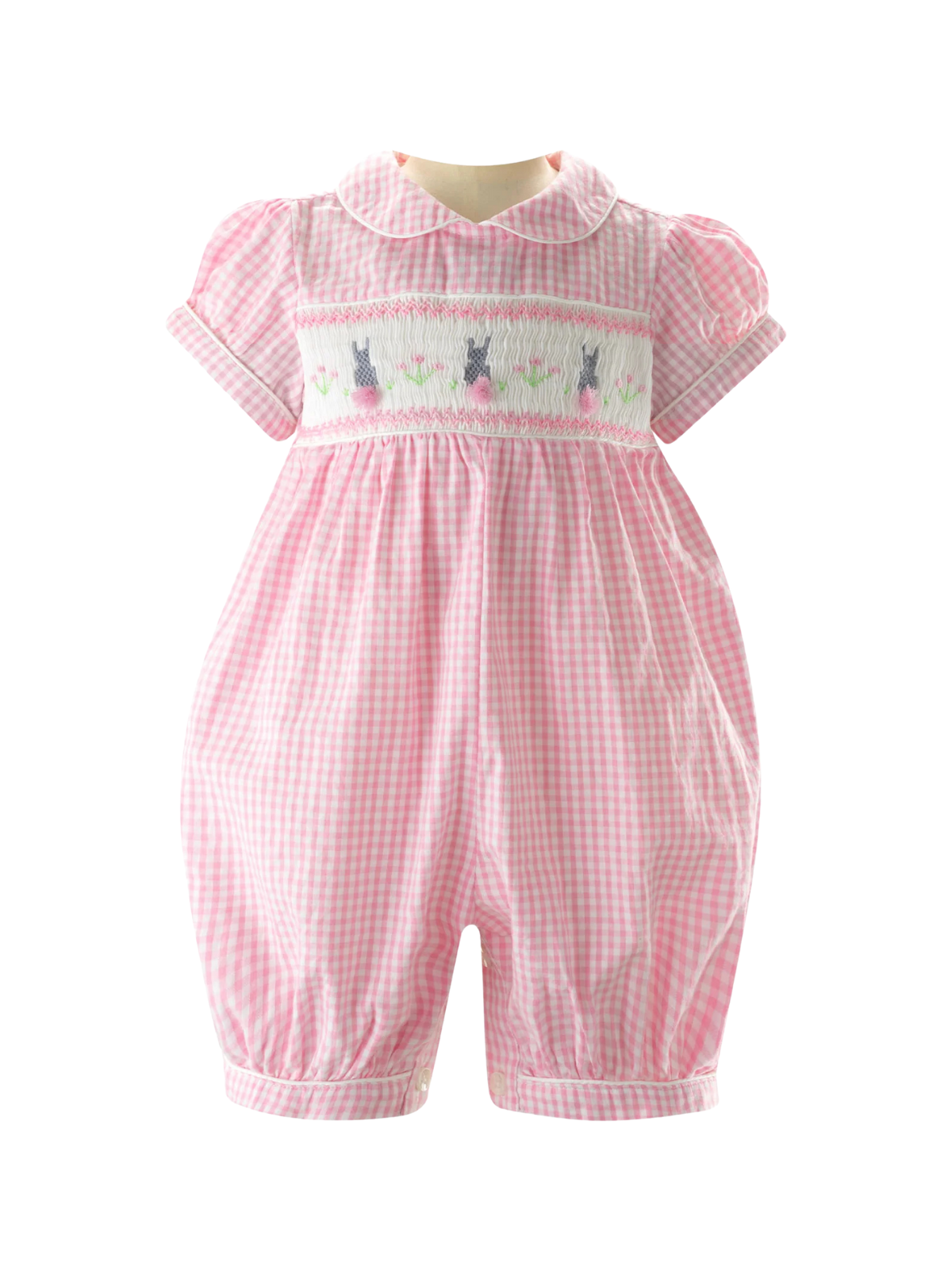 Pink Gingham Bunny Smocked Romper Rompers Rachel Riley Pink 3M