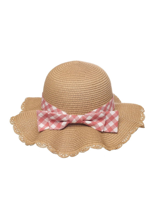 Gingham Bow Scalloped Straw Hat