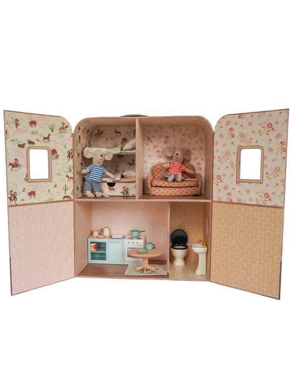 Suitcase with Furniture and Little Sister and Brother Mice