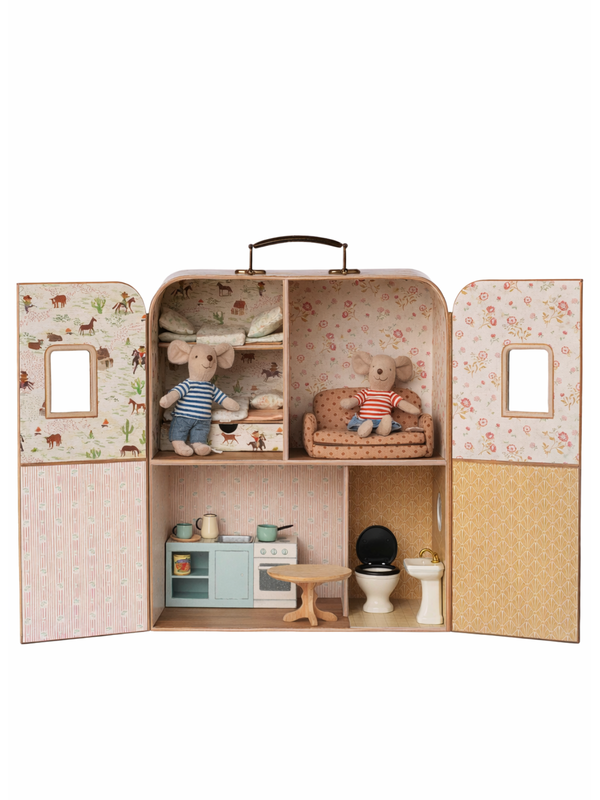 SuitCasa with Furniture and Little Sister and Brother Mice Pretend Play Maileg