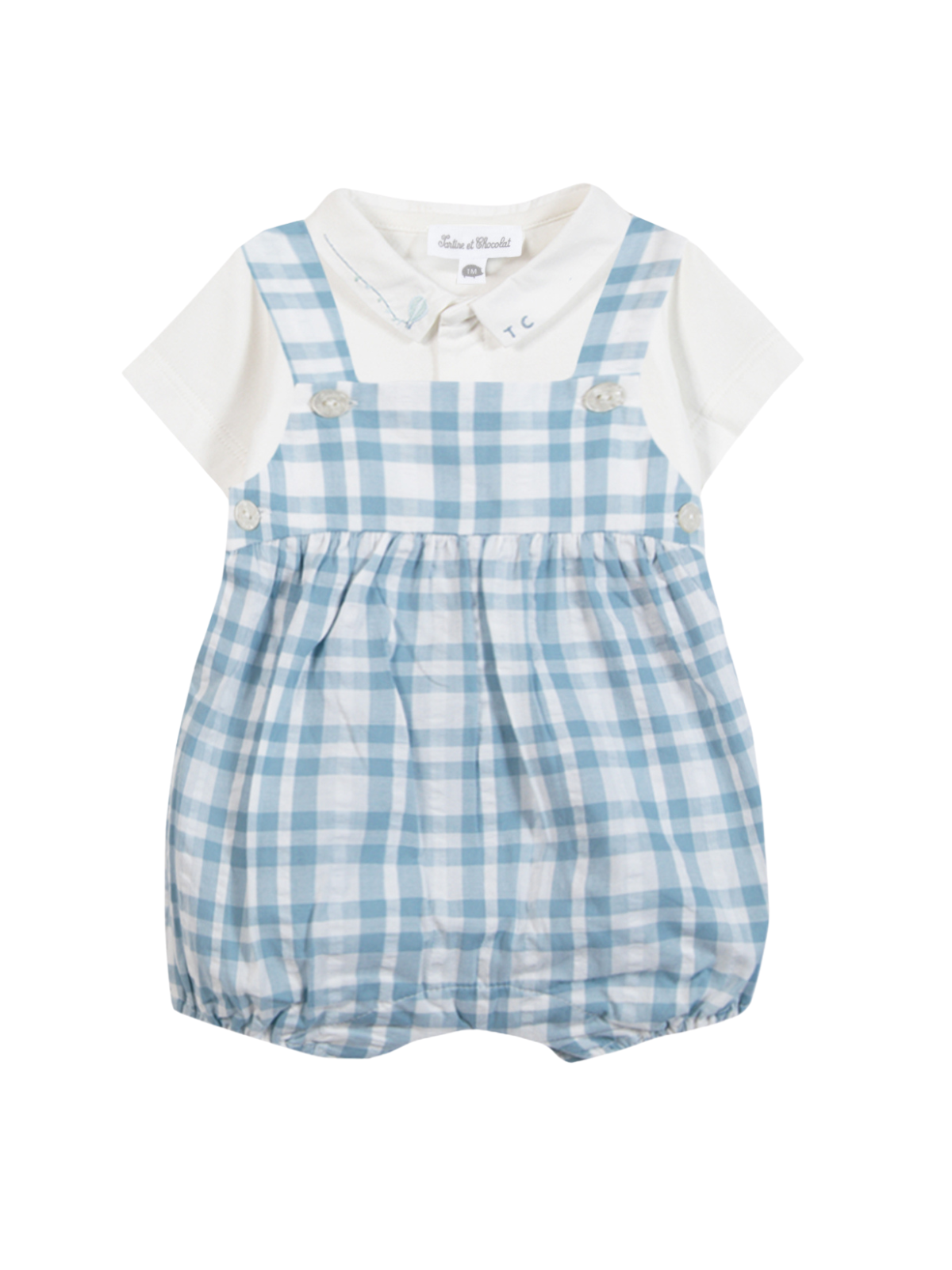 Blue Gingham Overall Romper Rompers Tartine et Chocolat Sky Blue 6M
