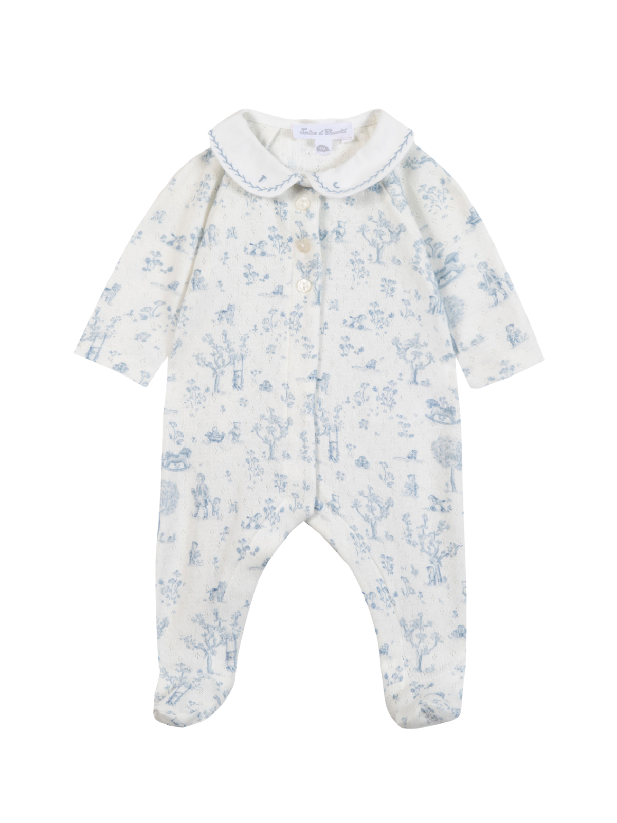 Blue Toile Ruffle Collar Footie Rompers Tartine et Chocolat Blue 1M
