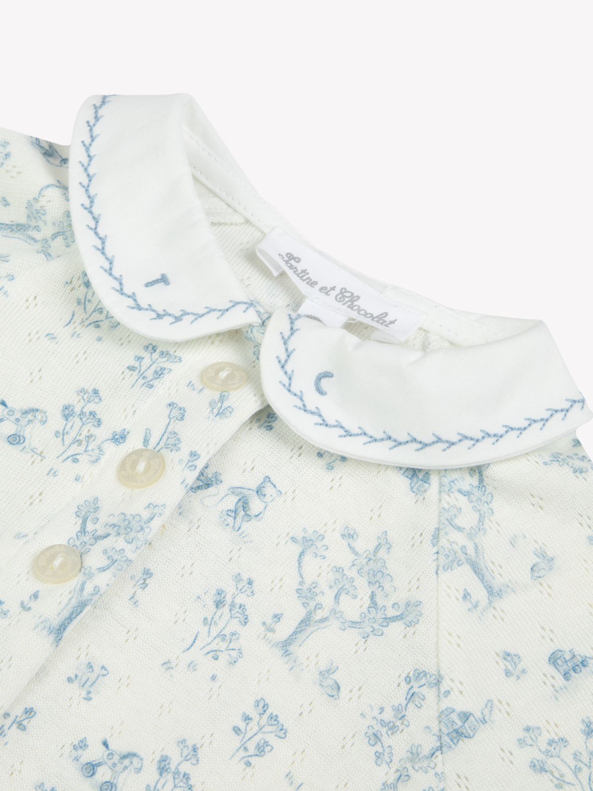 Blue Toile Ruffle Collar Footie Rompers Tartine et Chocolat