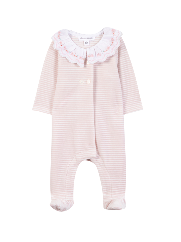 Embroidered Collar Velour Footie Rompers Tartine et Chocolat Pale Pink 1M