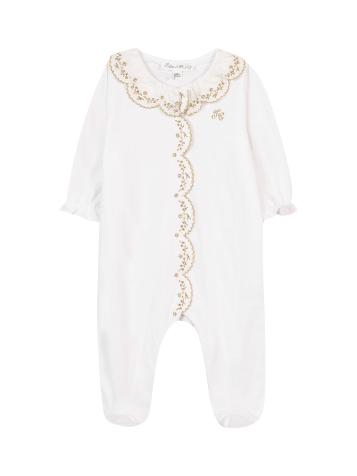 Embroidered Gold Trim Footie Rompers Tartine et Chocolat White 1M 