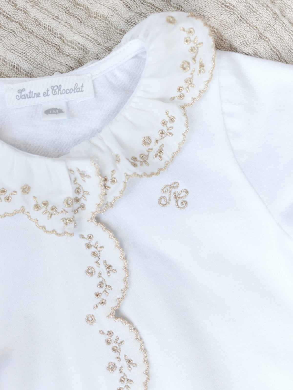 Embroidered Gold Trim Footie Rompers Tartine et Chocolat   