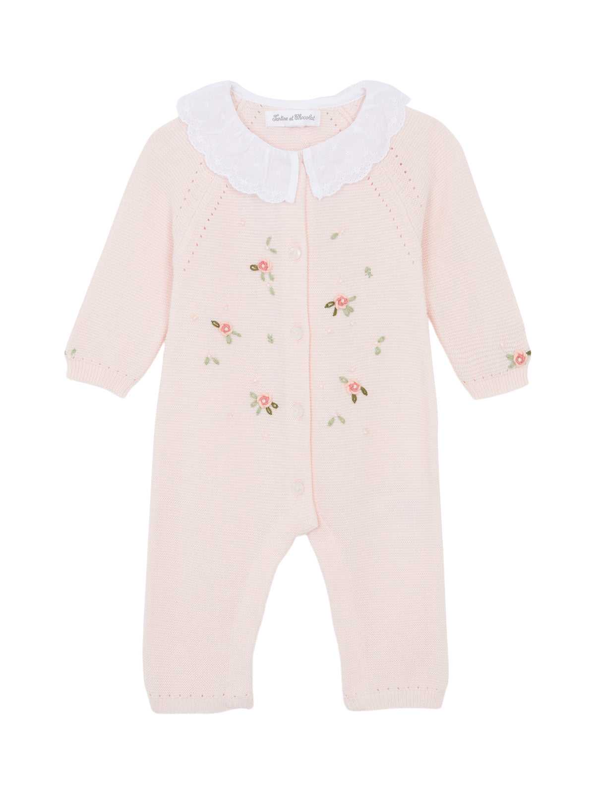 Embroidered Knit Romper with Lace Collar Rompers Tartine et Chocolat Pale Rose 1M