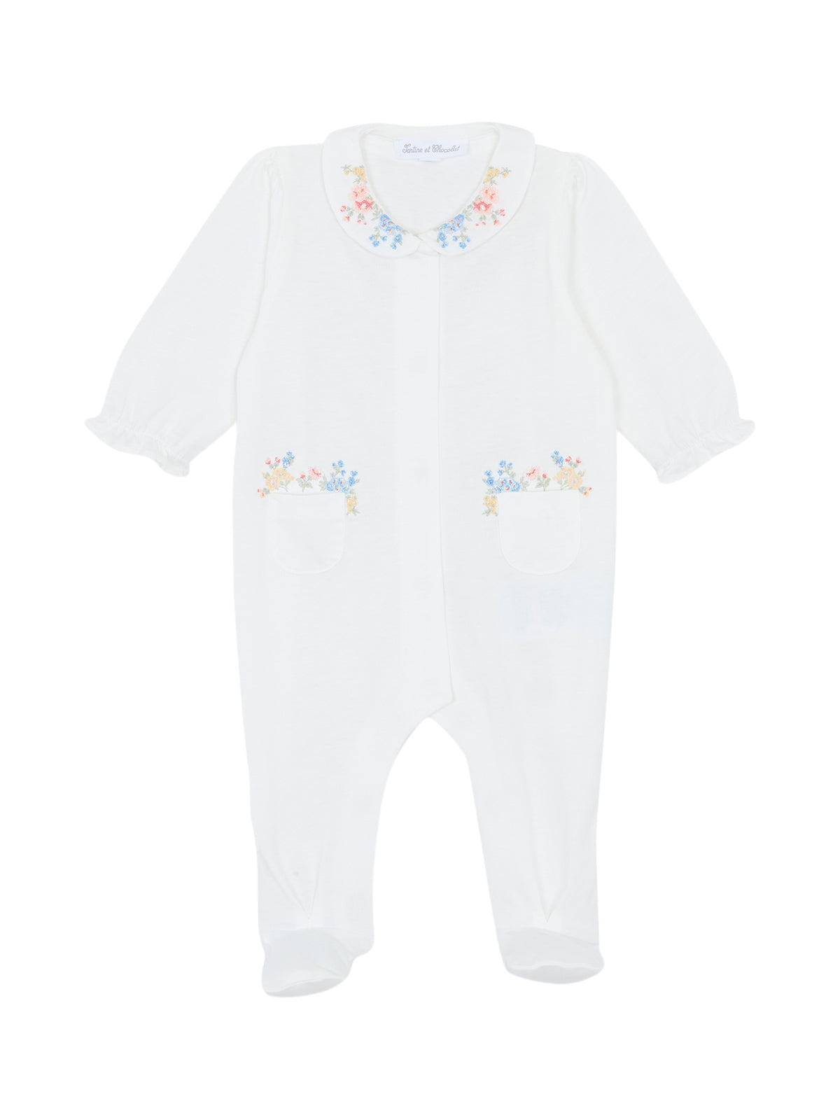 Embroidered Spring Floral Footie Rompers Tartine et Chocolat Pearl White 1M