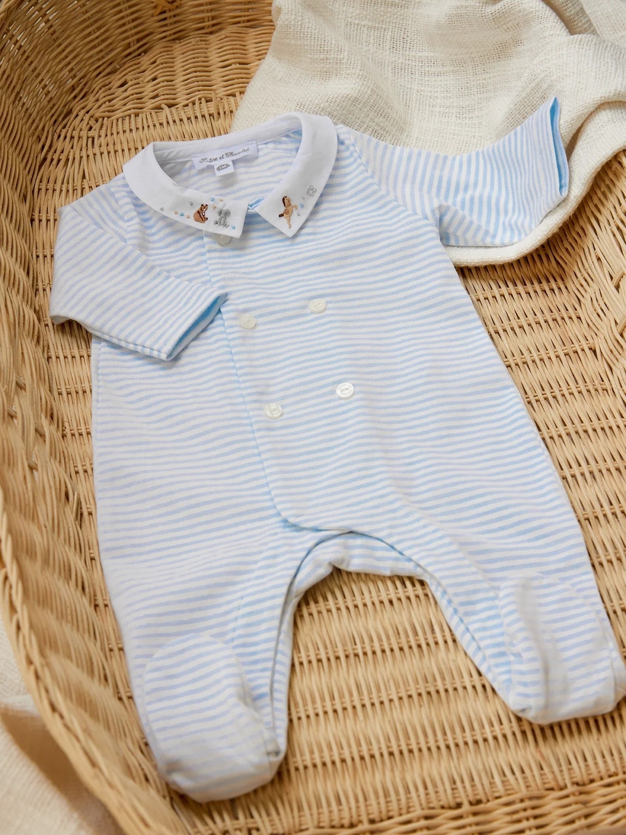 Striped Footie with Embroidered Collar Rompers Tartine et Chocolat