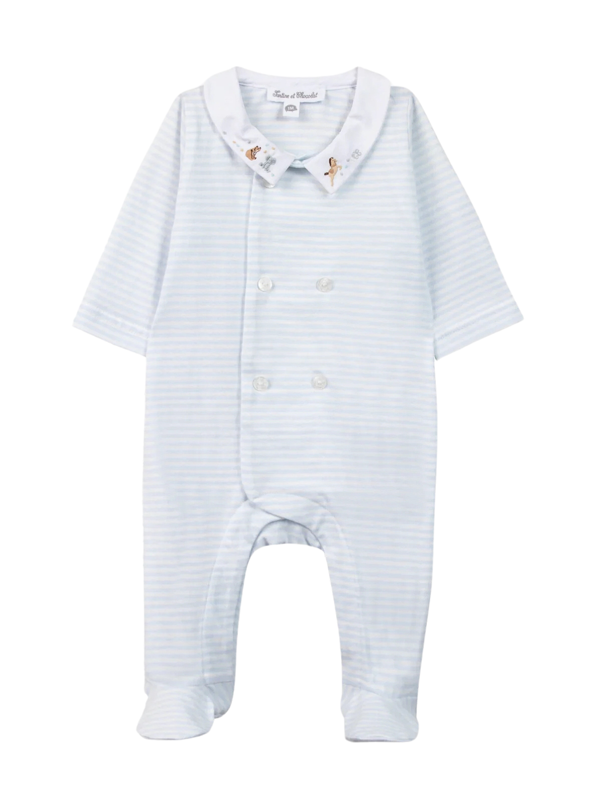 Striped Footie with Embroidered Collar Rompers Tartine et Chocolat Sky 1M