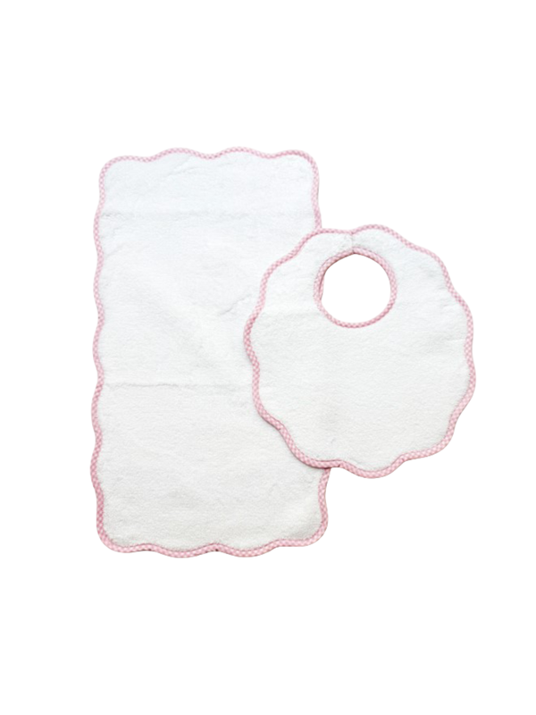 Pink Gingham Scalloped Bib & Burp Set Baby Accessories Terry Tots