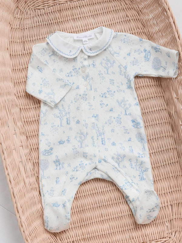 Blue Toile Ruffle Collar Footie Rompers Tartine et Chocolat