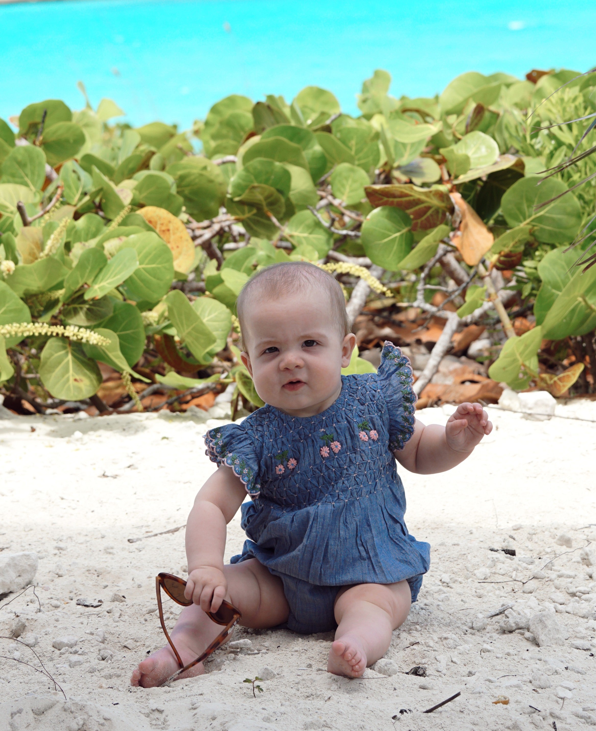Embroidered Chambray Smocked Romper Rompers Emile et Ida