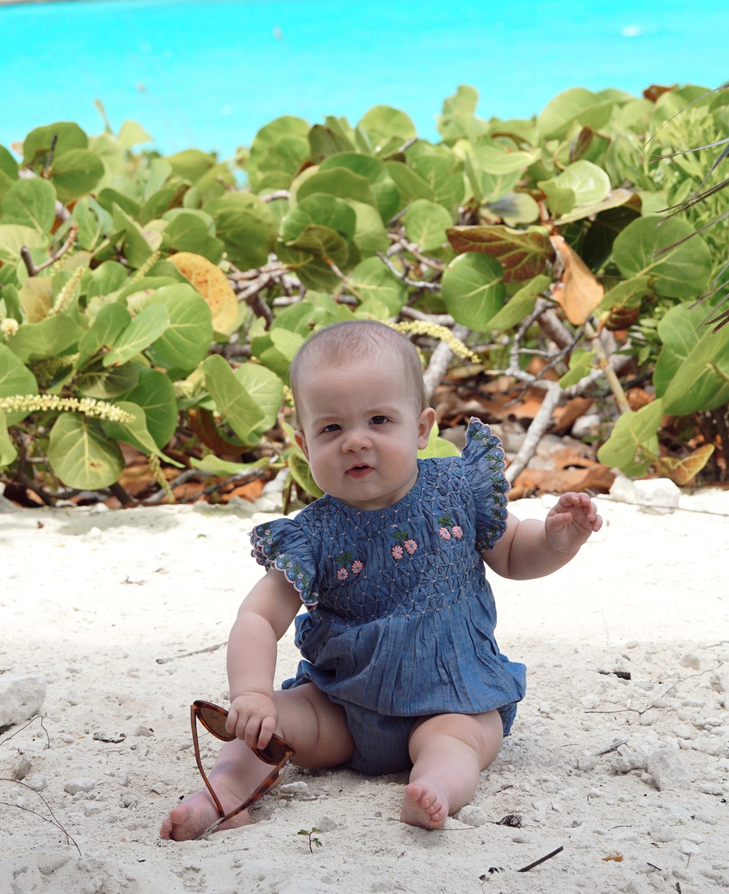 Embroidered Chambray Smocked Romper
