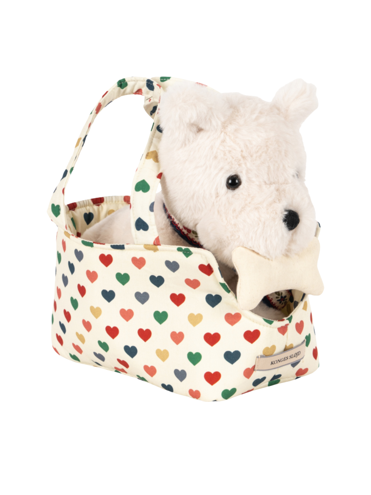 White plush teddy bear nestled inside a cream tote bag decorated with colorful hearts.