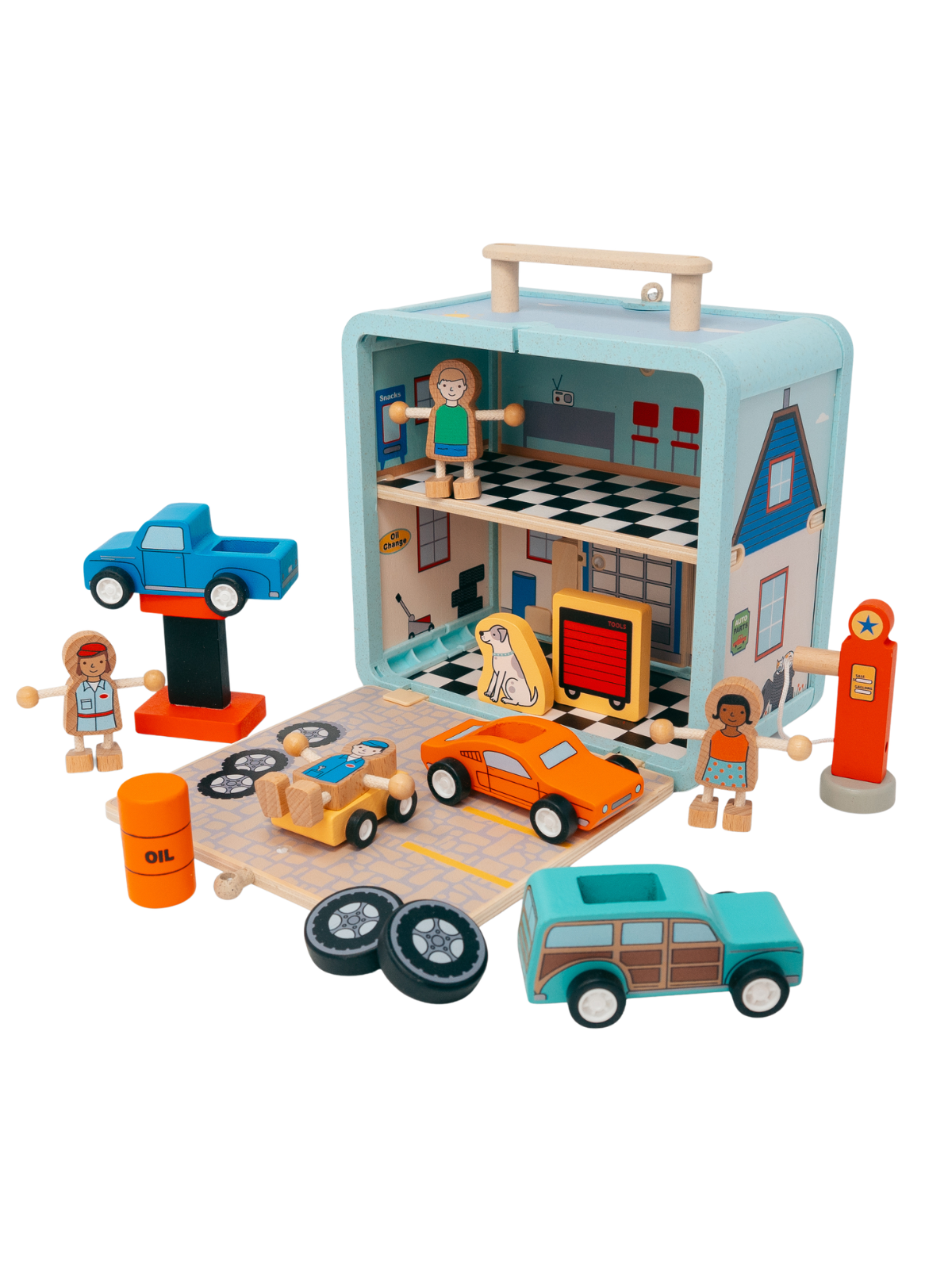 Colorful wooden toy garage playset featuring miniature cars, figures, tools, and accessories arranged against a white background.
